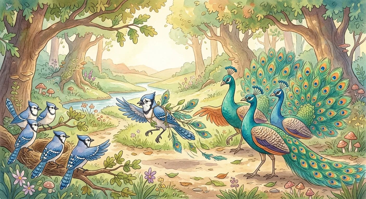 The peacocks driving the disguised jay away while other jays refuse it as well