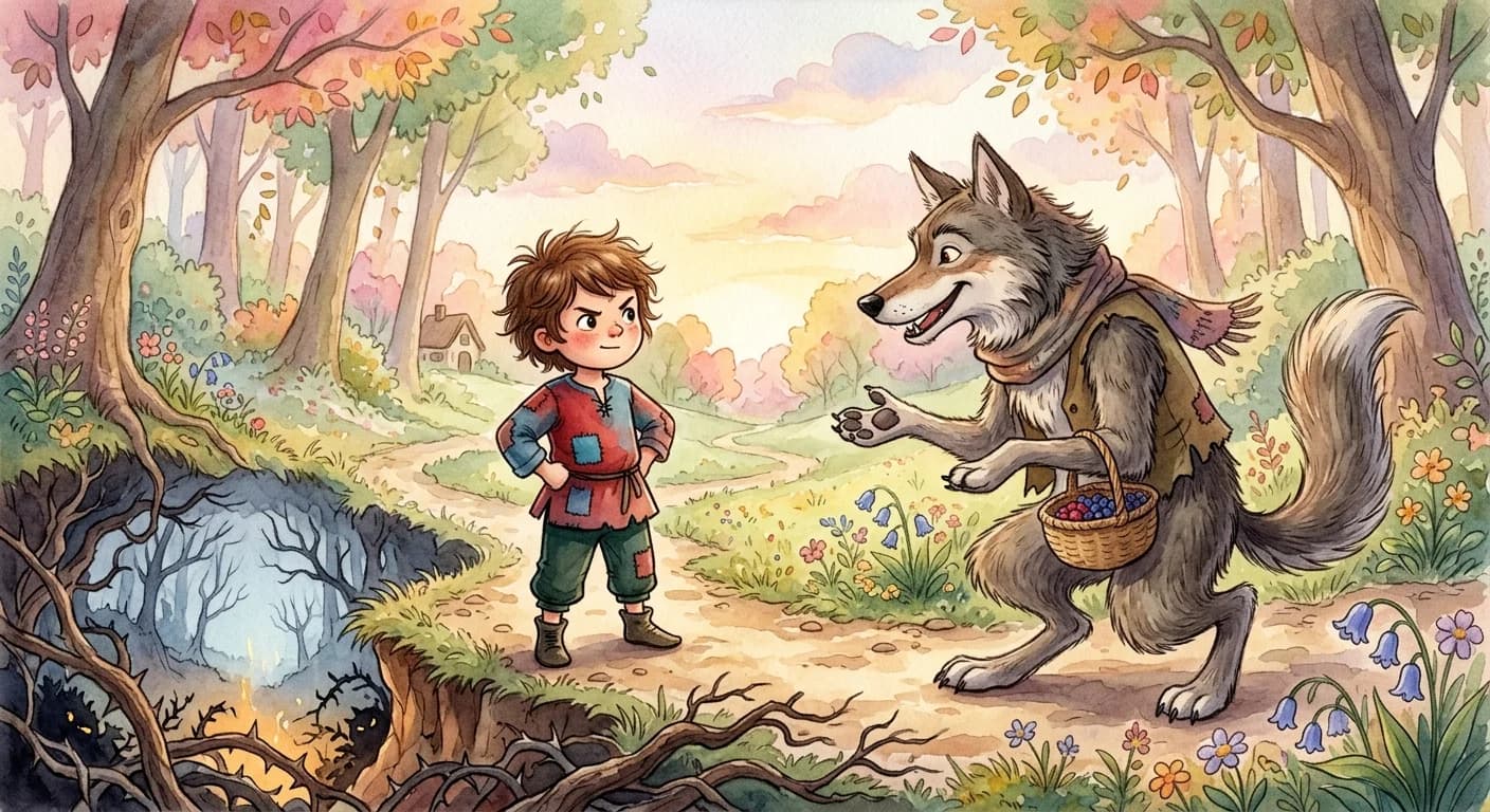 The kid boldly answering that it is not fooled by the wolf's sweet words and knows the danger below