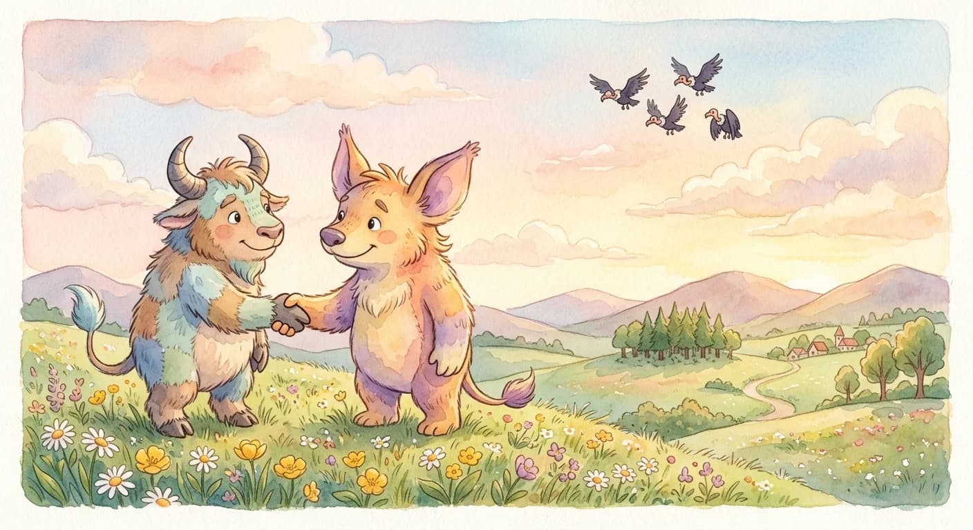 The two beasts noticing vultures overhead waiting for one of them to fall and then deciding to make peace