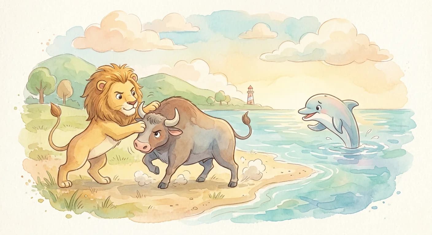 The lion later fighting a bull on land and discovering that the dolphin cannot help because it cannot leave the sea