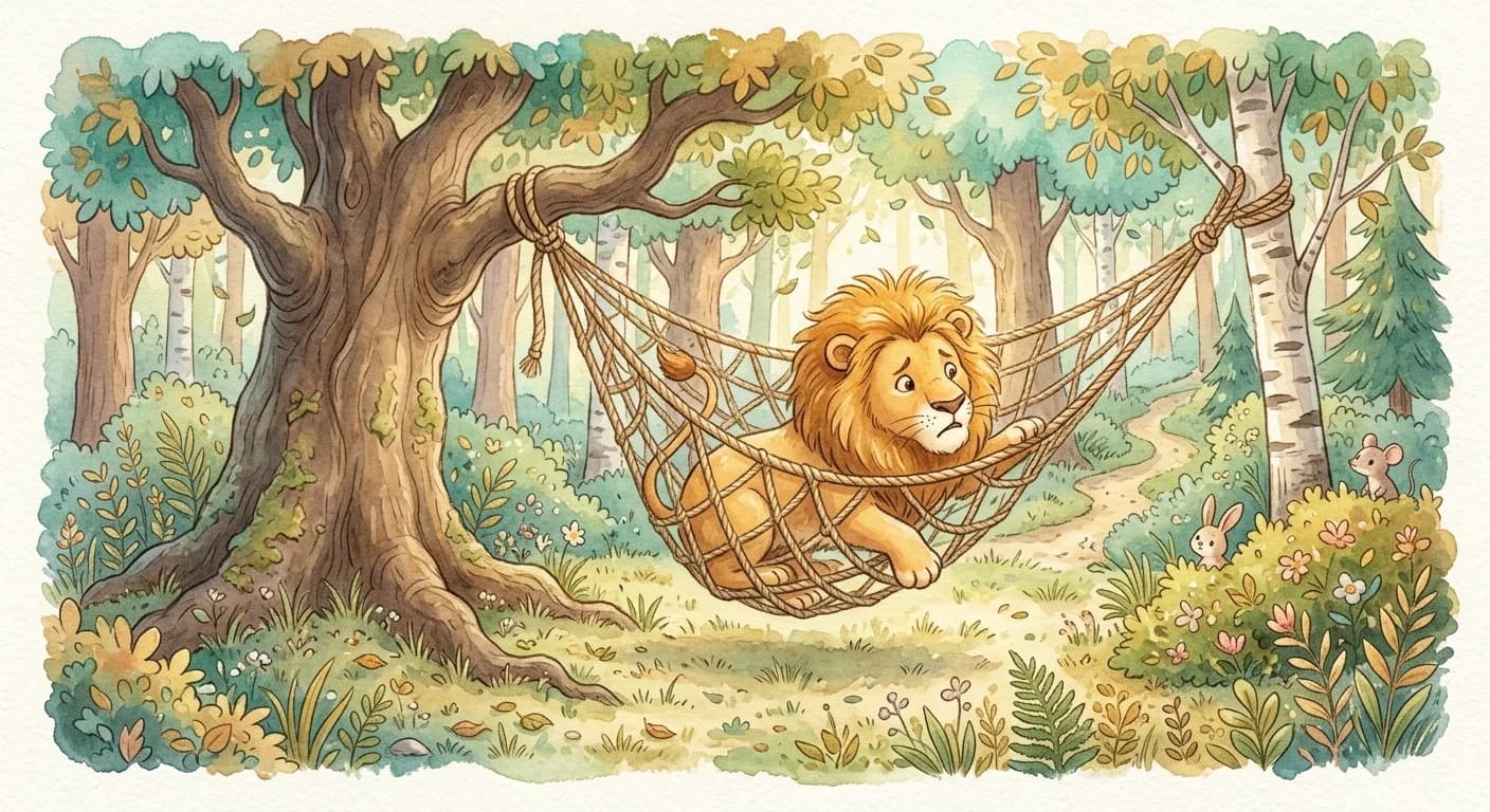 A lion trapped in a hunter's rope net, struggling in a forest clearing