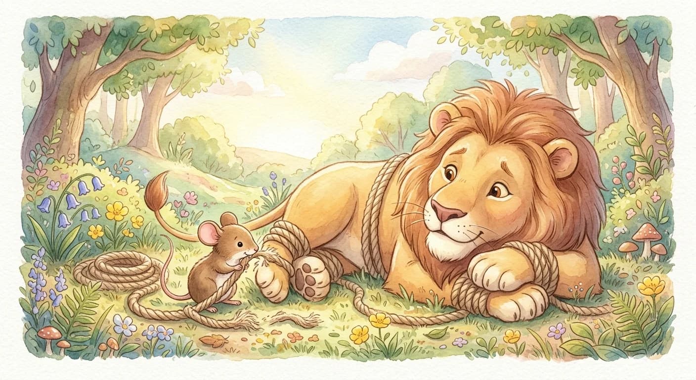 A tiny mouse gnawing through the ropes to free the grateful lion