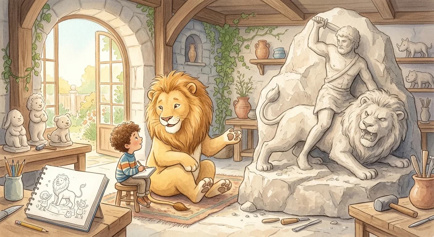 The lion replying that lions would carve a very different statue if they had hands to sculpt