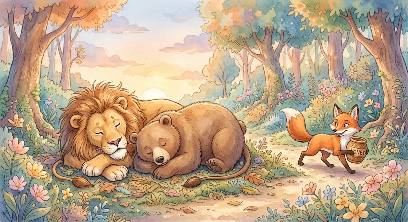 The exhausted lion and bear collapsing while a fox slips in to carry the prize away