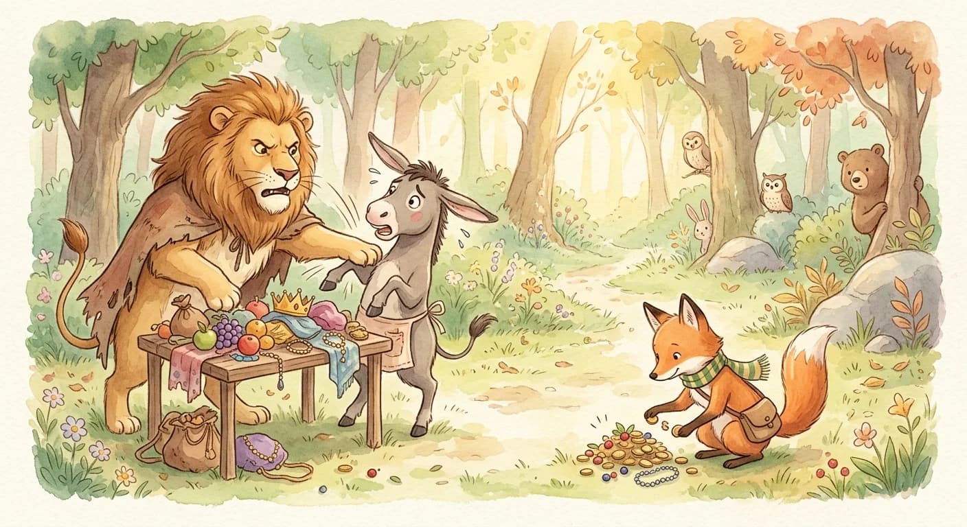 The lion striking down the donkey for dividing the spoils badly while the fox makes a careful smaller share for itself