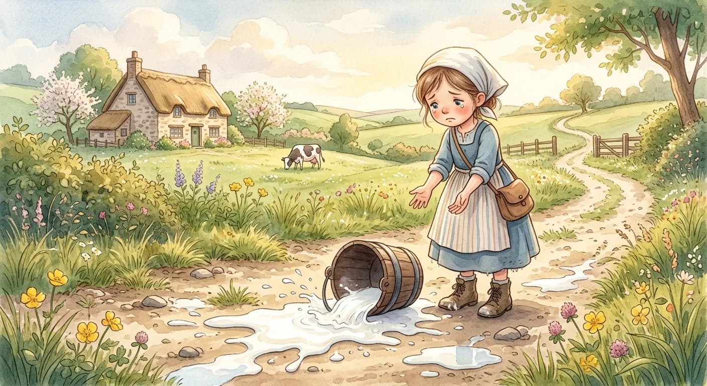 The milkmaid's milk spilling all over the ground as the pail falls, her dreams shattered, looking sad