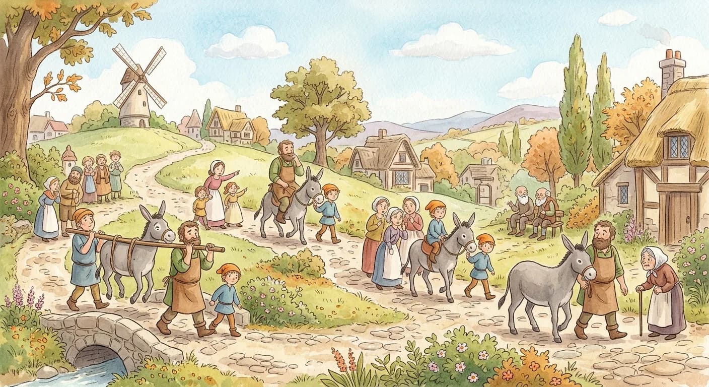 คนโม่แป้ง ลูกชาย และลา