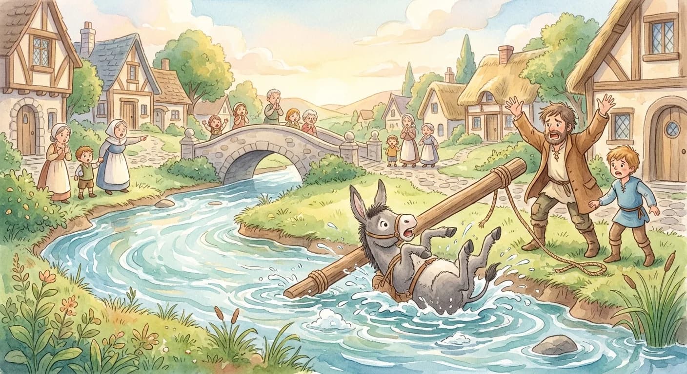 The donkey falling into a river after the pair foolishly carry it on a pole to please everyone