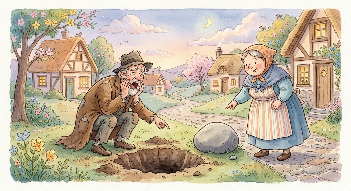 The miser wailing over an empty hole after a thief steals the gold while a neighbor points to a plain stone instead