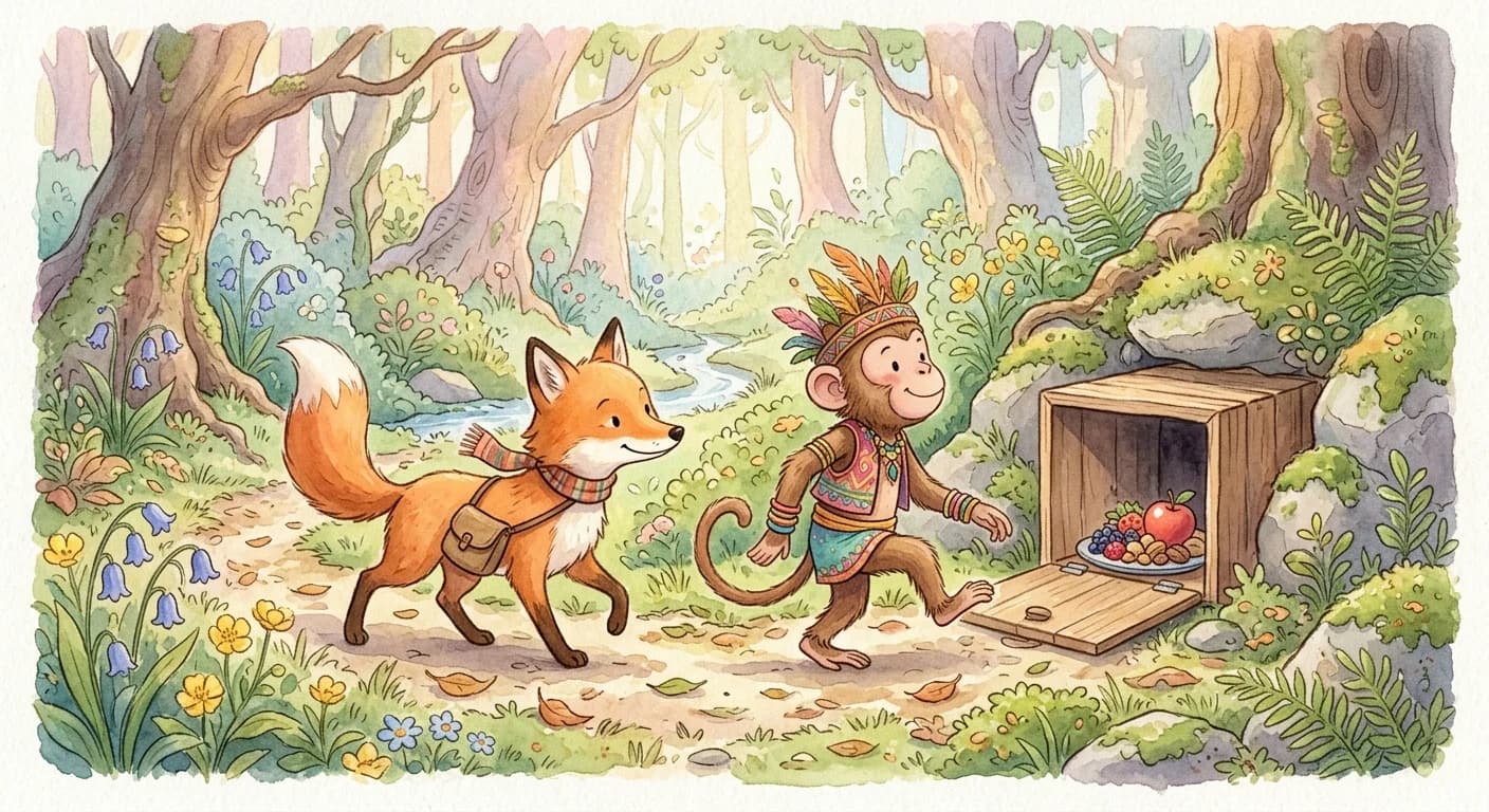 A fox leading the vain monkey into a trap baited with food and exposing its lack of judgment
