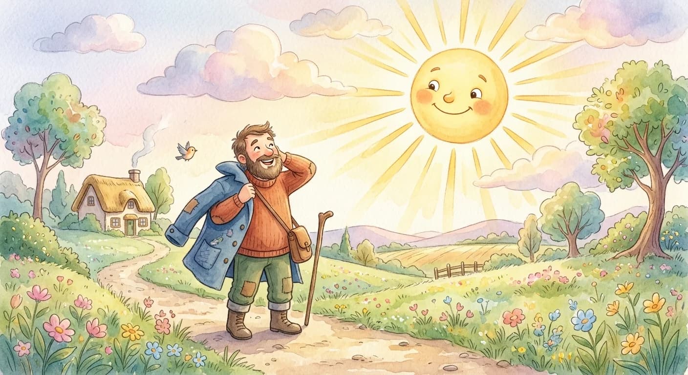 A warm smiling Sun shining bright golden rays on the same traveler who happily removes his coat