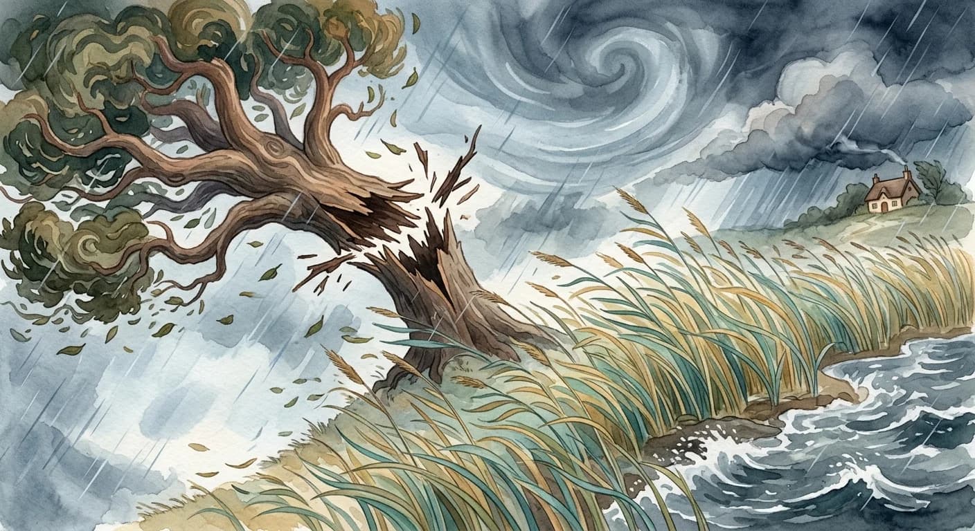 A violent storm snapping the oak while the reeds bend low and survive in the rushing wind