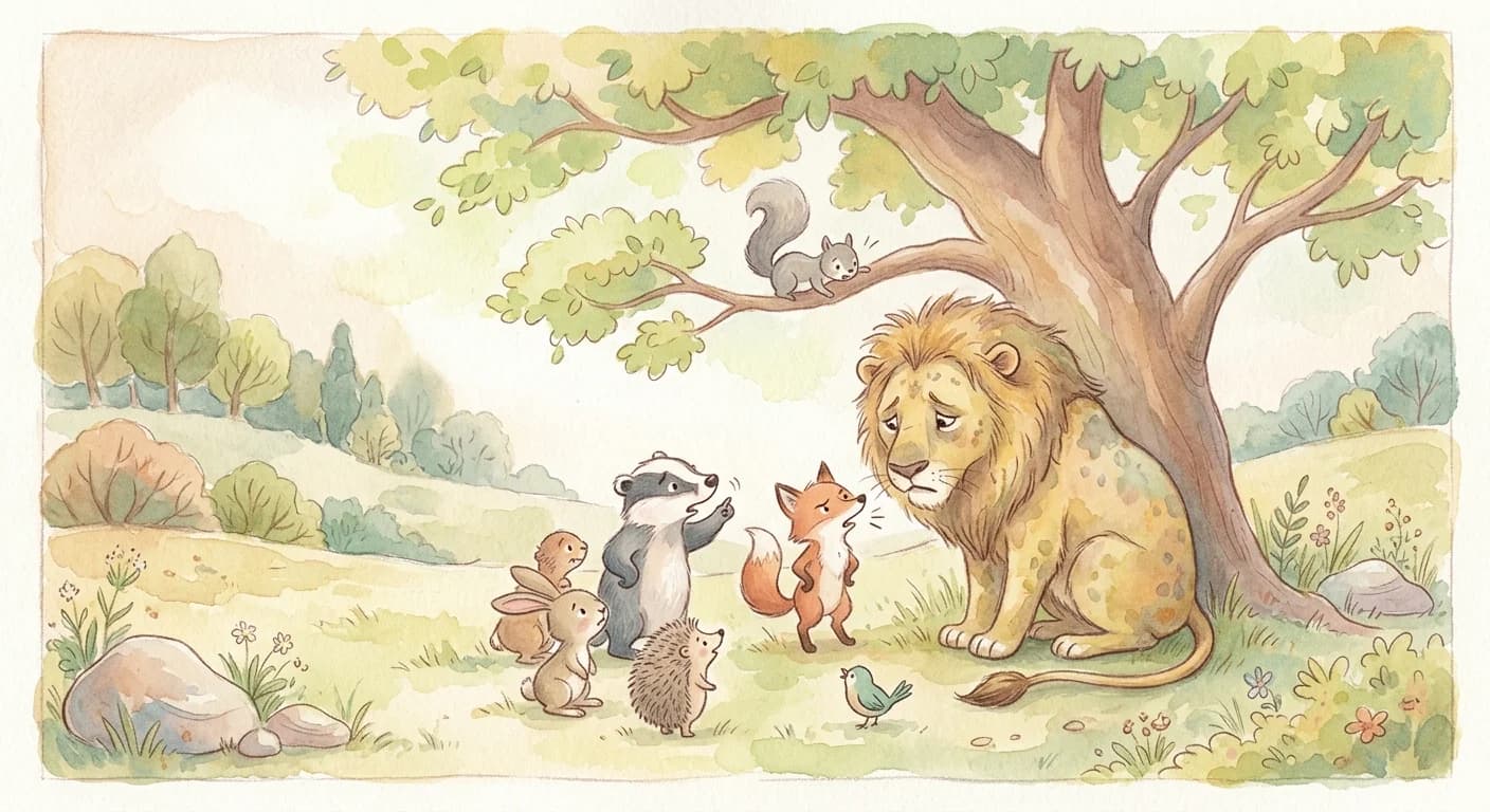 Animals once afraid of the lion now gathering to insult and strike it while the lion can only endure the humiliation