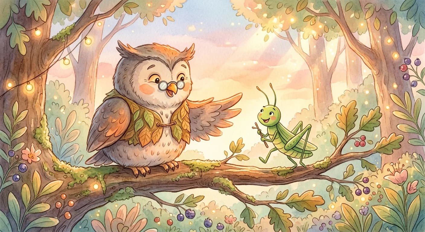 The owl cleverly inviting the grasshopper closer with praise before ending the noise forever