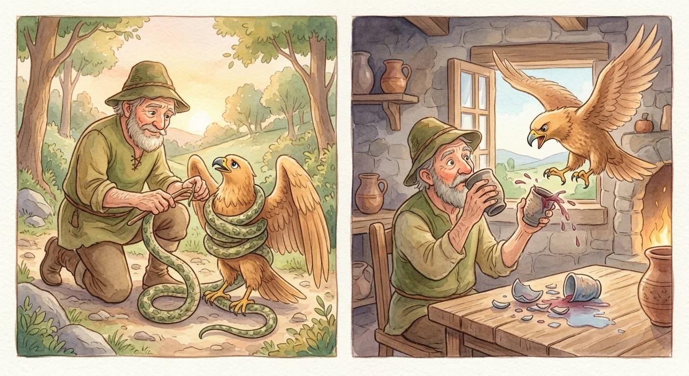 A farmer freeing the trapped eagle from the serpent's coils and later the grateful eagle saving the farmer from poisoned wine