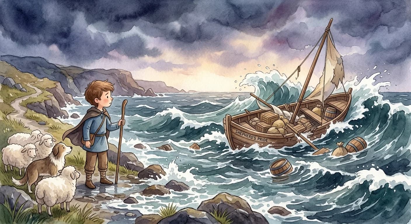A storm wrecking the shepherd's boat and cargo while he stands on the shore and learns not to trust appearances