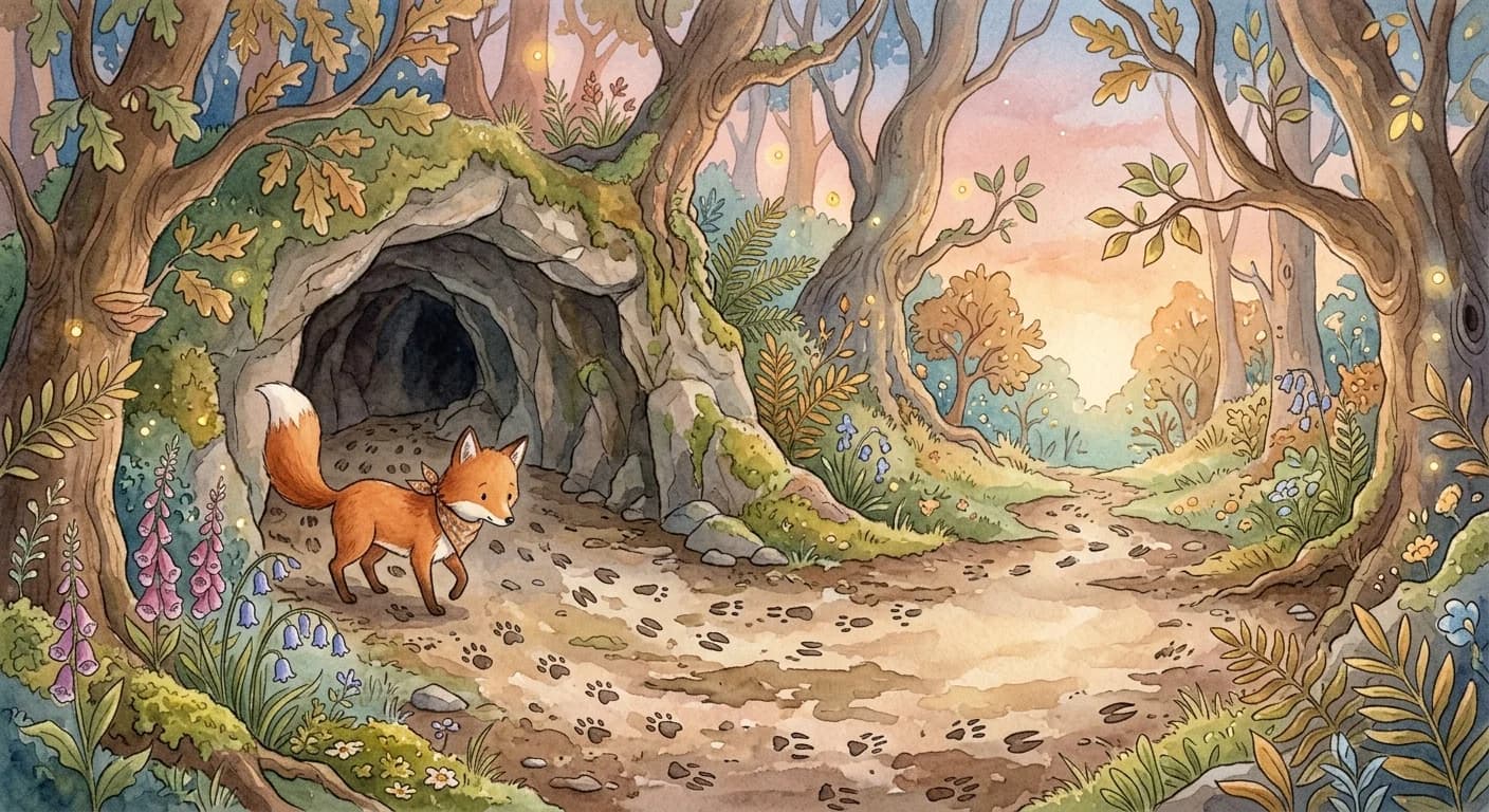 A clever fox stopping outside the cave after noticing many footprints going in and none coming out