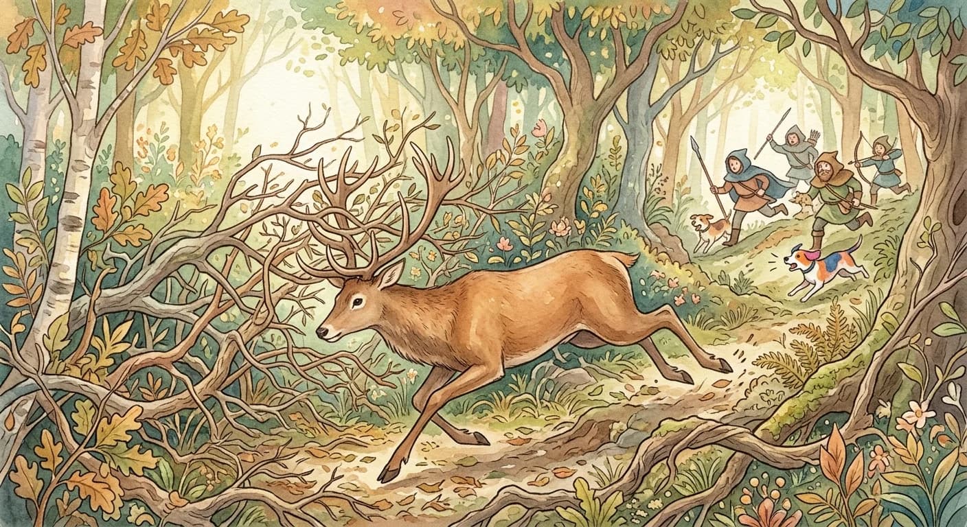 The stag running swiftly from hunters thanks to its legs before its antlers become tangled in branches