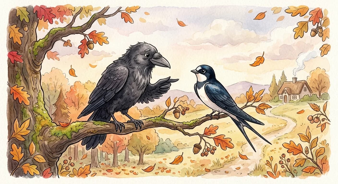 The crow calmly reminding the swallow that fine speed is not enough when winter arrives and endurance matters more