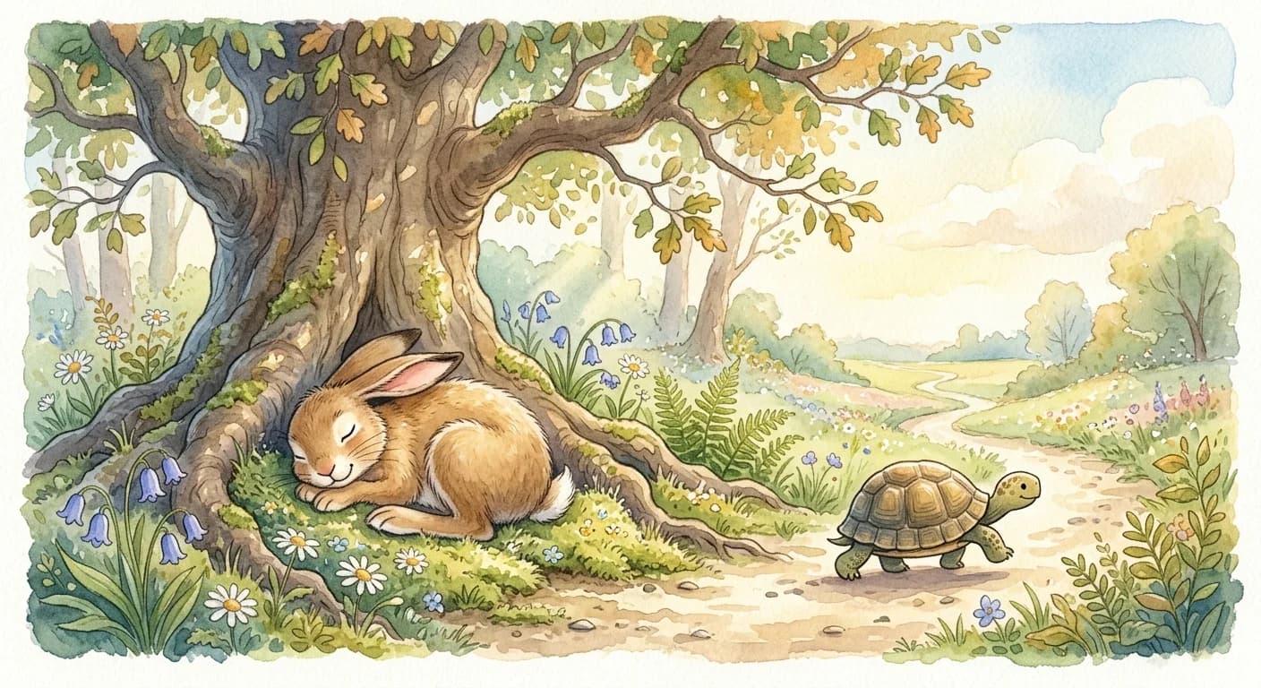 A hare sleeping peacefully under a shady oak tree while a determined tortoise walks steadily past