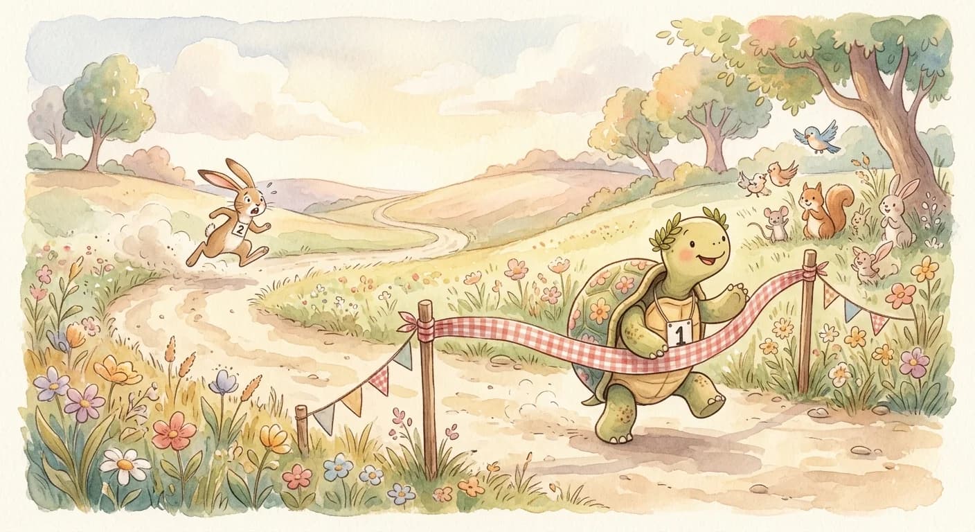 A tortoise crossing the finish line with a ribbon, while a shocked hare runs desperately far behind