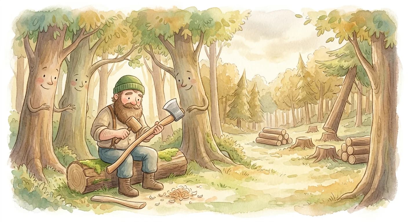 The woodcutter fitting the wooden handle to the axe head and felling the very trees that helped him