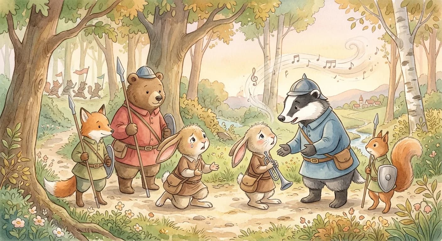 The captured trumpeter pleading innocence as the soldiers explain that his trumpet urged others into battle