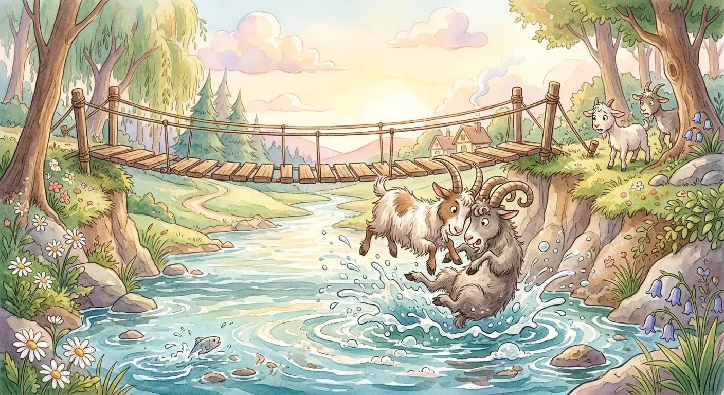 The goats locking horns and both tumbling into the water below because neither would yield
