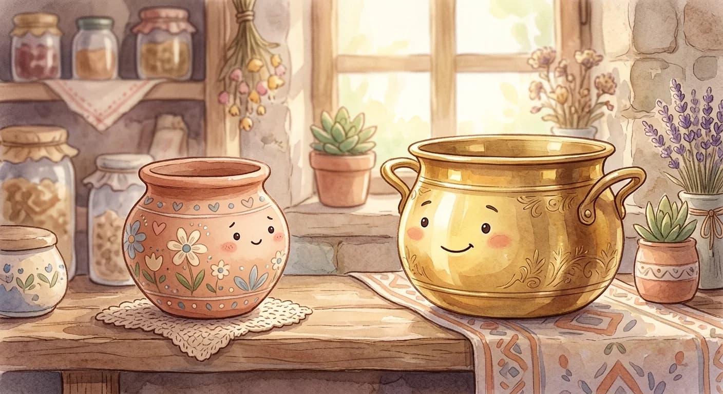 The clay pot politely keeping its distance because even a friendly bump from the stronger brass pot would shatter it