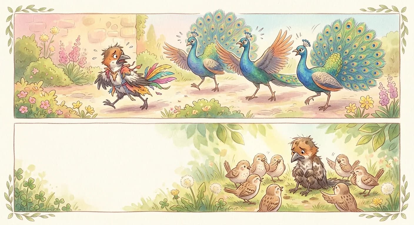The pretender being chased away by peacocks and later mocked by its own flock