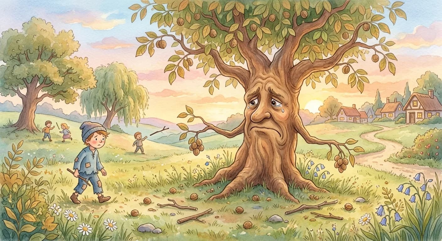 The walnut tree lamenting that it is repaid with blows whenever it offers something useful