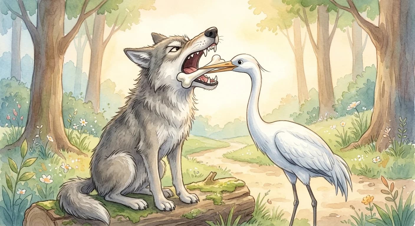 A crane pulling a bone from the wolf's throat while the ungrateful wolf bares its teeth instead of offering a reward