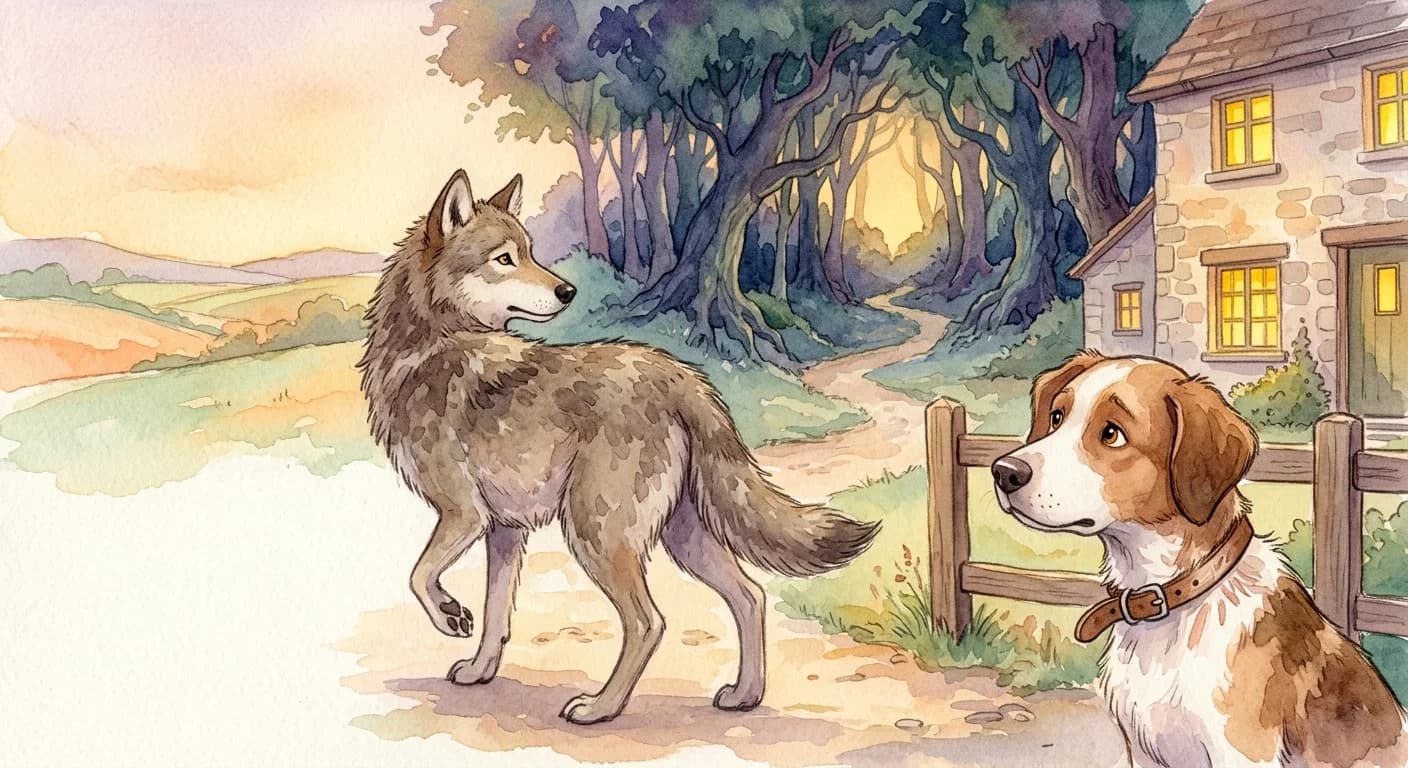 The wolf turning away toward the dark forest after seeing the dog's worn collar marks and choosing freedom over comfort