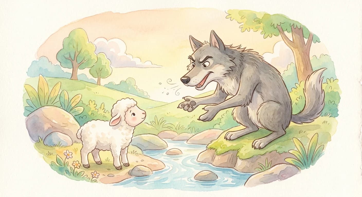 The wolf inventing accusations against the lamb before pouncing despite the lamb's innocence