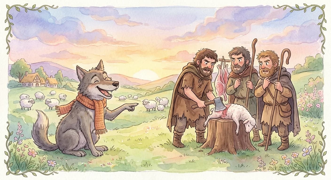 The wolf laughing at the shepherds for condemning wolves while doing the same violent act themselves