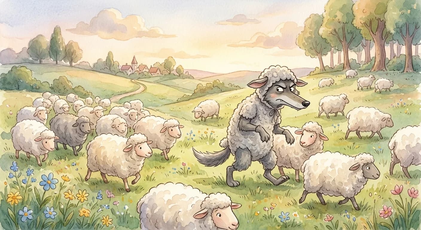 A disguised wolf walking among unsuspecting sheep in a flock, looking suspicious