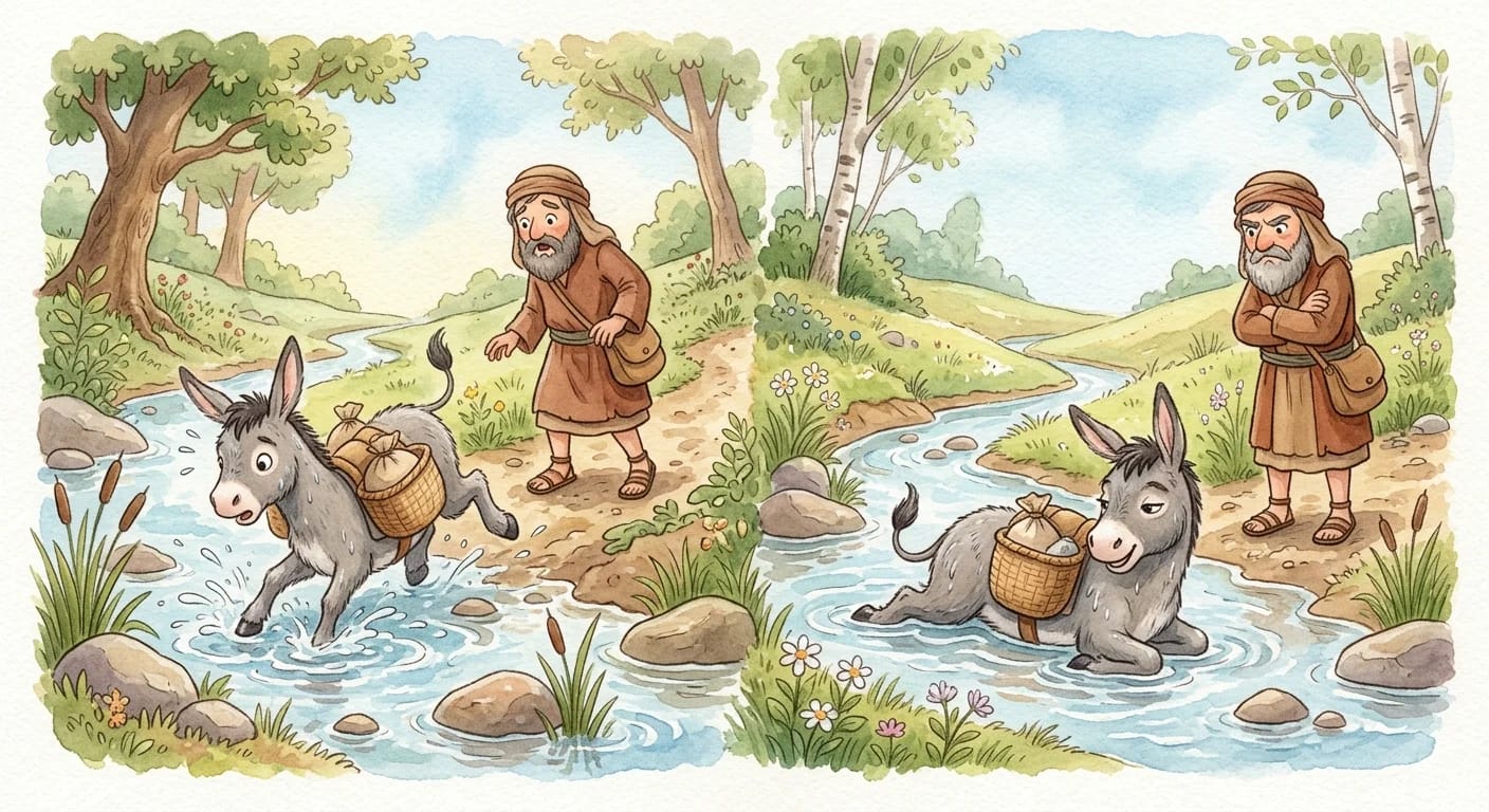 The donkey stumbling into the water and later deliberately lying down to lighten its load as the merchant watches suspiciously
