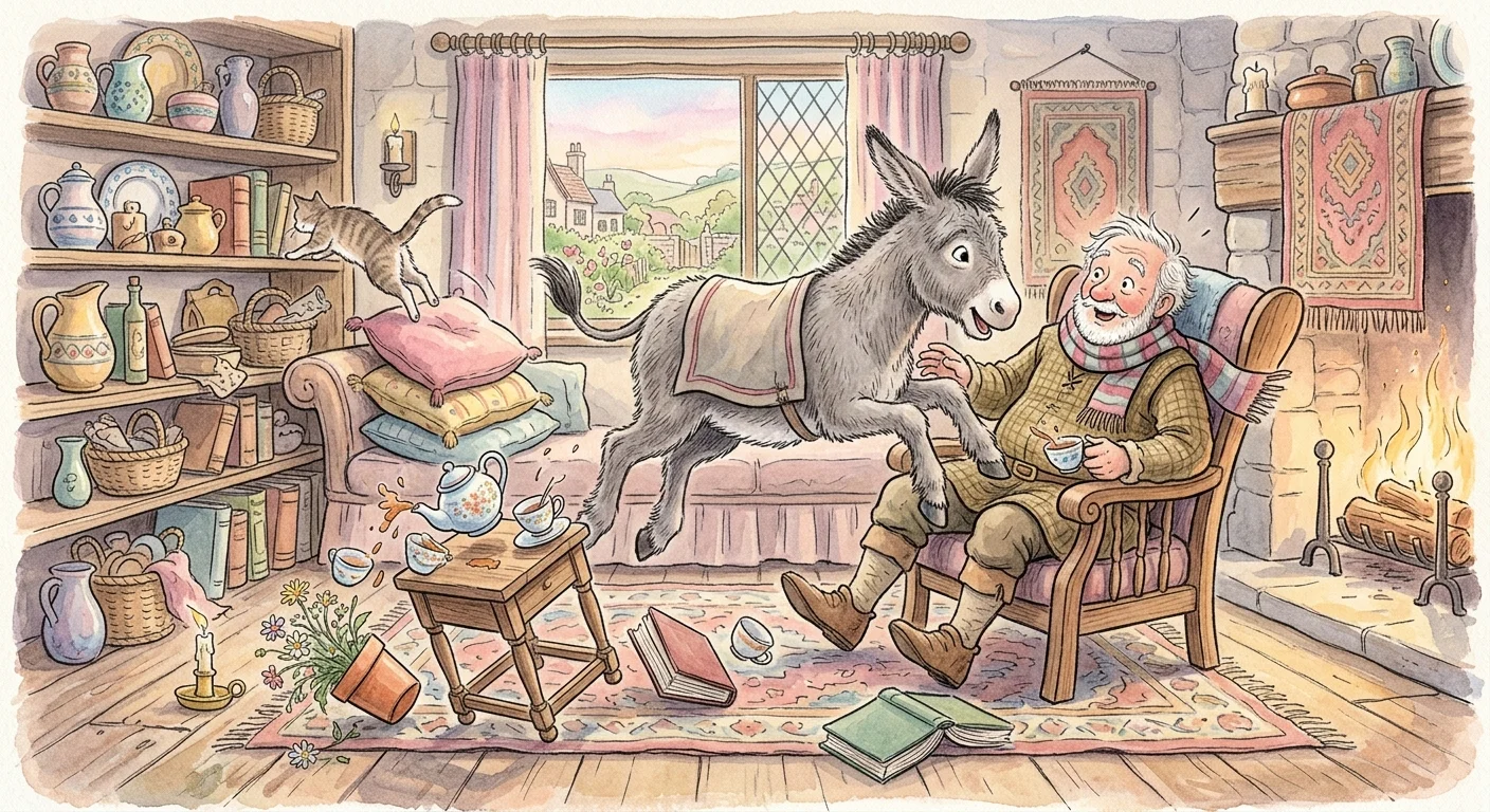 The donkey trying to leap into the master's lap and causing chaos across the room