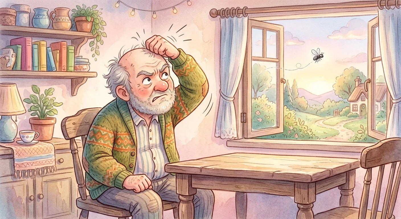 The man striking his own scalp in anger while the fly escapes unharmed