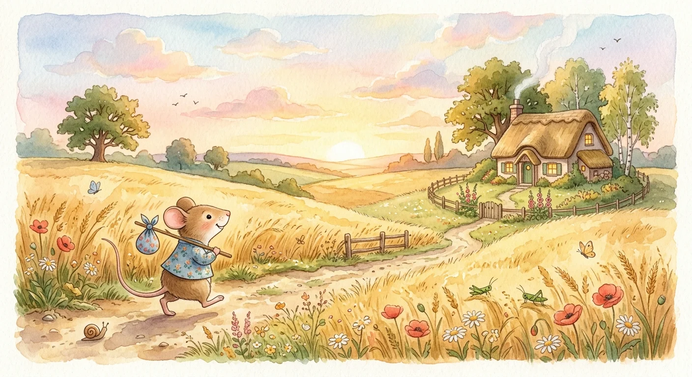A country mouse happily returning to its peaceful countryside home through golden fields