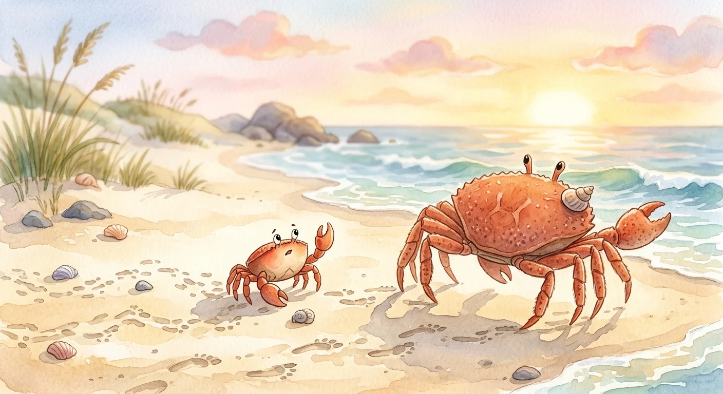 The young crab asking the mother to demonstrate how to walk straight and gently exposing the contradiction