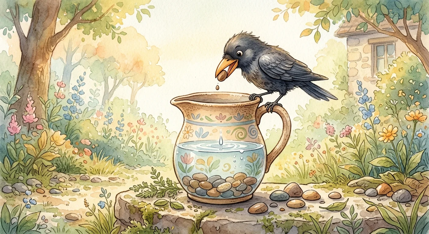 A clever crow dropping small pebbles one by one into the pitcher, water level rising