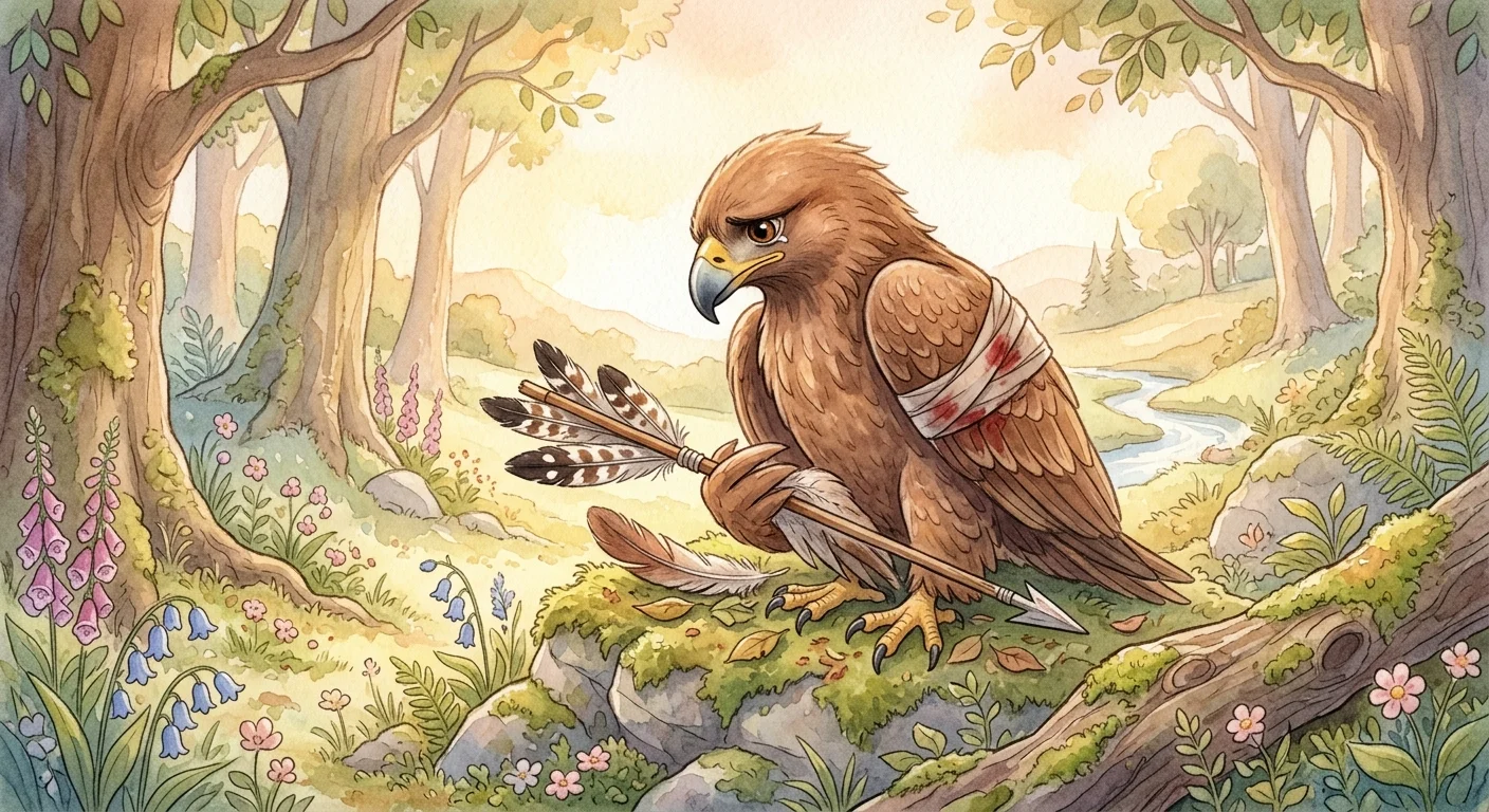 The wounded eagle noticing that the arrow's feathers came from another eagle and grieving at the sight
