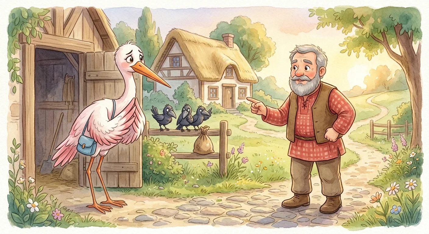 The stork pleading for mercy while the farmer points out that it kept company with thieves