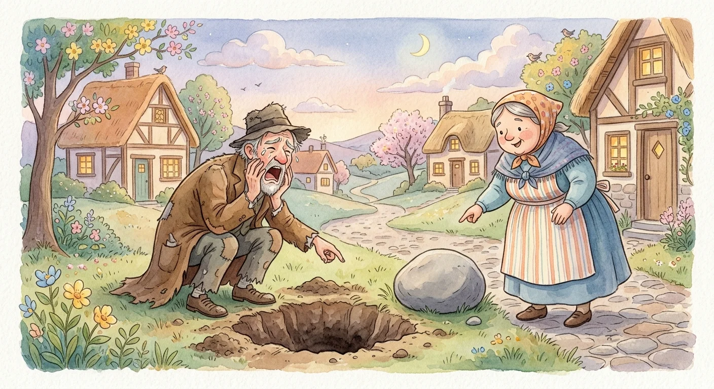 The miser wailing over an empty hole after a thief steals the gold while a neighbor points to a plain stone instead