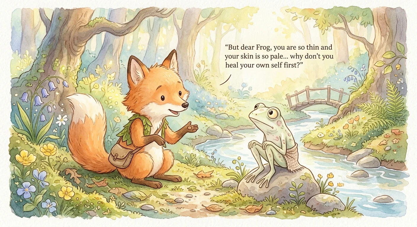 A fox asking why the frog does not heal its own thin body and pale skin first